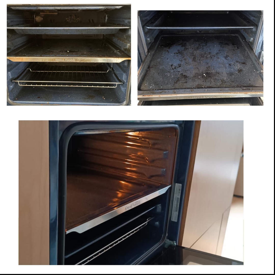 Brudny piekarnik przed czyszczeniem, widoczne przypalone resztki jedzenia na blachach i ściankach wewnętrznych, jeden piekarnik z otwartymi drzwiami i oświetleniem wewnętrznym.