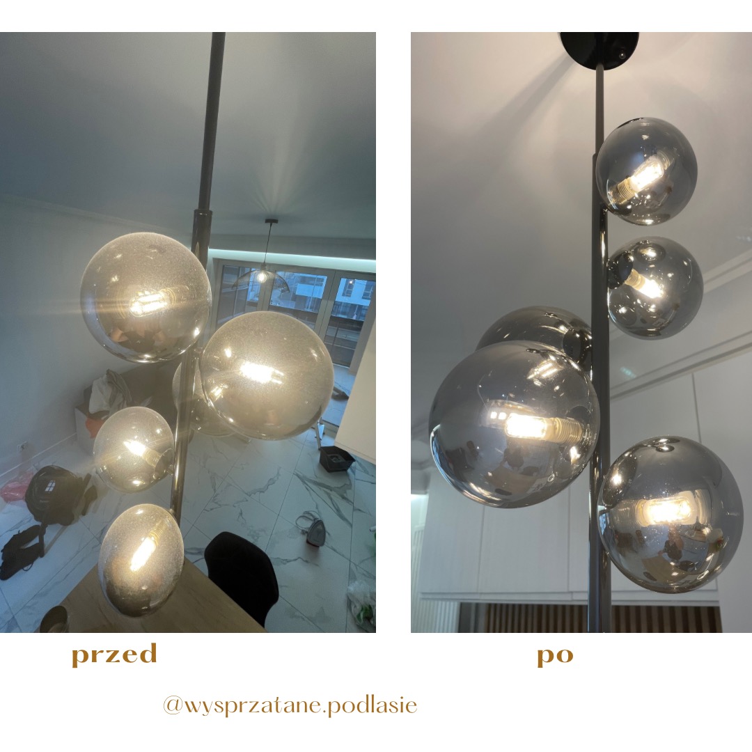 Porównanie stanu lampy wiszącej przed i po czyszczeniu, widoczne usunięcie kurzu i przywrócenie blasku szklanym kulom. Na zdjęciu po prawej stronie lampa wygląda na bardziej lśniącą i czystą.