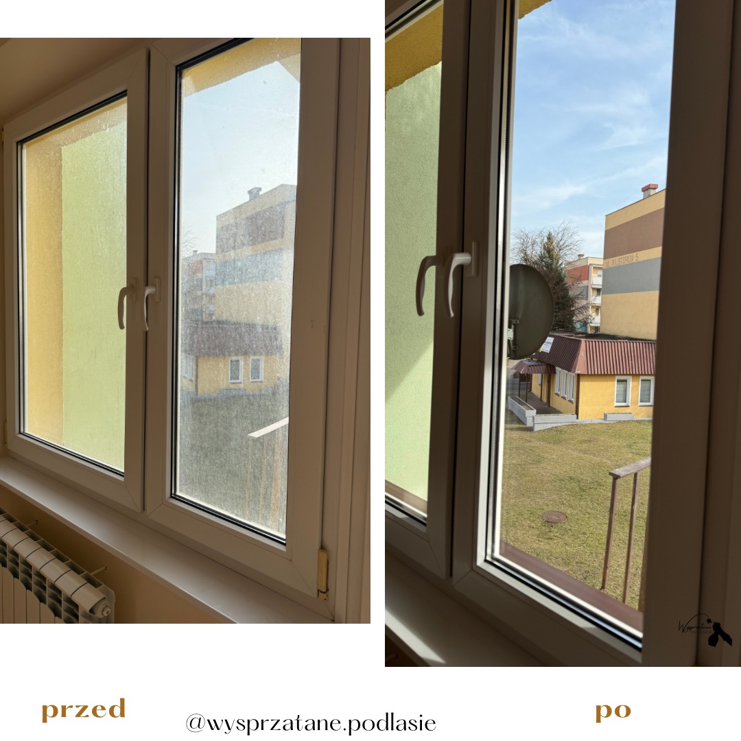 Porównanie okna przed i po czyszczeniu: po lewej brudne, zamazane szyby, po prawej czyste, przejrzyste z widokiem na budynek i zieleń.