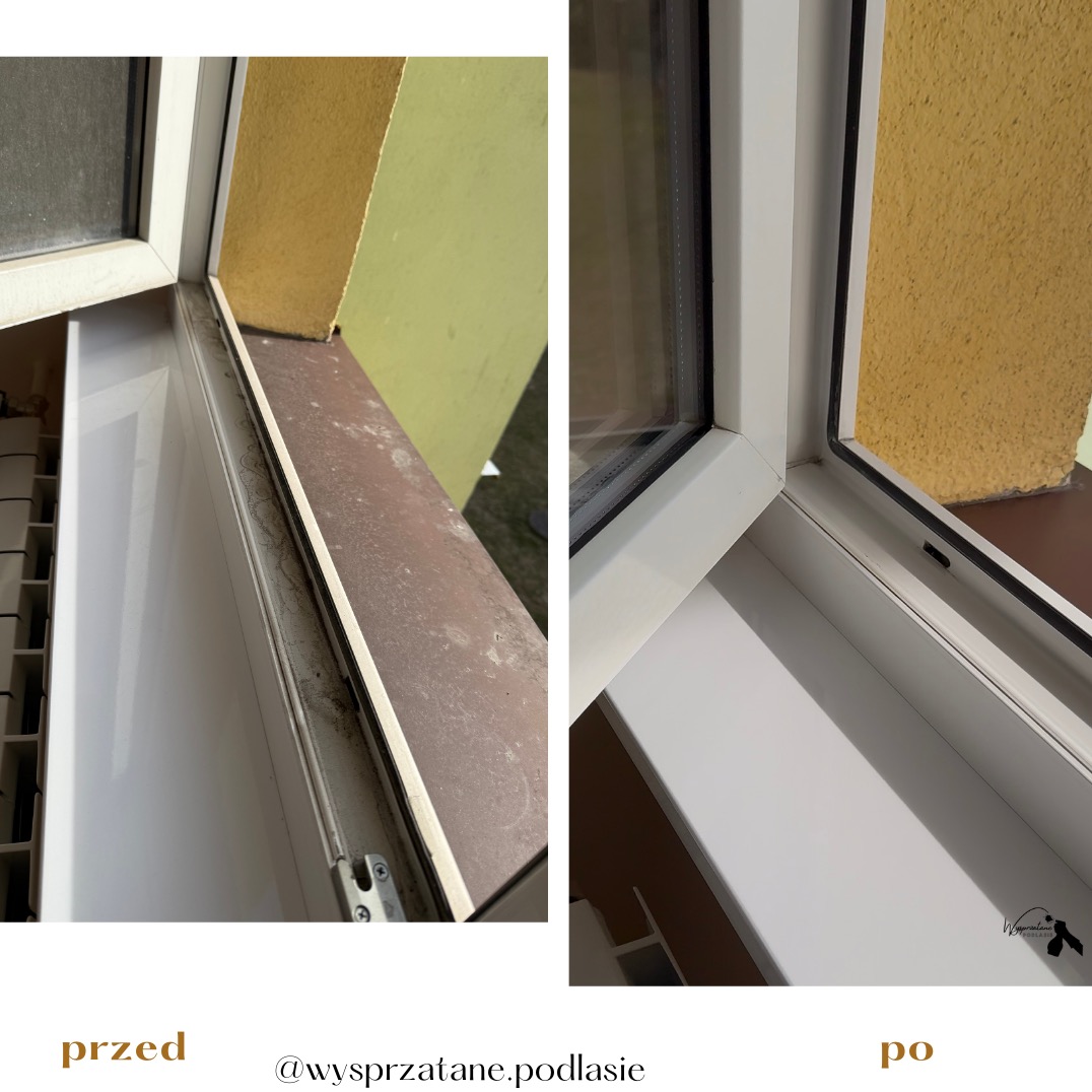 Porównanie stanu parapetu okiennego przed i po czyszczeniu: widoczne zabrudzenia i osady usunięte z białego parapetu i ramy okiennej.