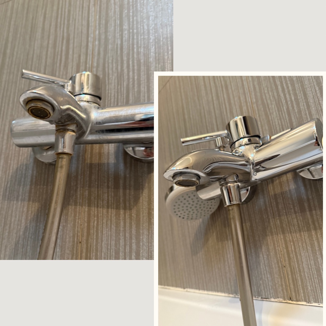 Porównanie kranu prysznicowego przed i po czyszczeniu: po lewej stronie widoczny osad i zabrudzenia, po prawej - lśniąca powierzchnia.