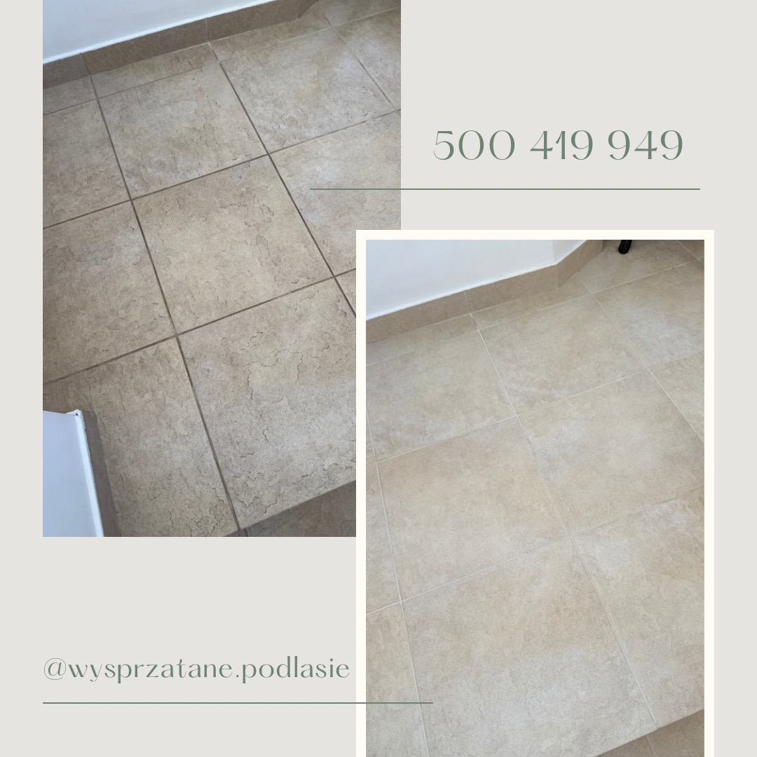 Dwa ujęcia beżowych płytek podłogowych przed i po sprzątaniu, z widocznym numerem telefonu i nazwą firmy @wysprzatane.podlasie, prezentujące efekt czystości.