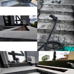 EPOXYPOLI - Etapy prac na schodach zewnętrznych: przygotowanie podłoża, szlifowanie, aplikacja posadzki żywicznej z drobnym kruszywem, finalny wygląd z wykończonymi krawędziami i donicą.