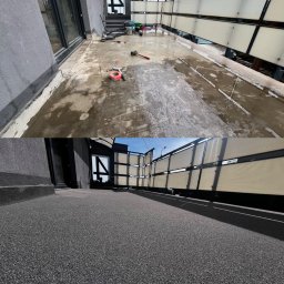 EPOXYPOLI - Porównanie stanu tarasu przed i po wykonaniu szarej, drobnoziarnistej nawierzchni. Na górnym zdjęciu widoczne narzędzia i materiały budowlane, na dolnym gładka, jednolita powierzchnia.