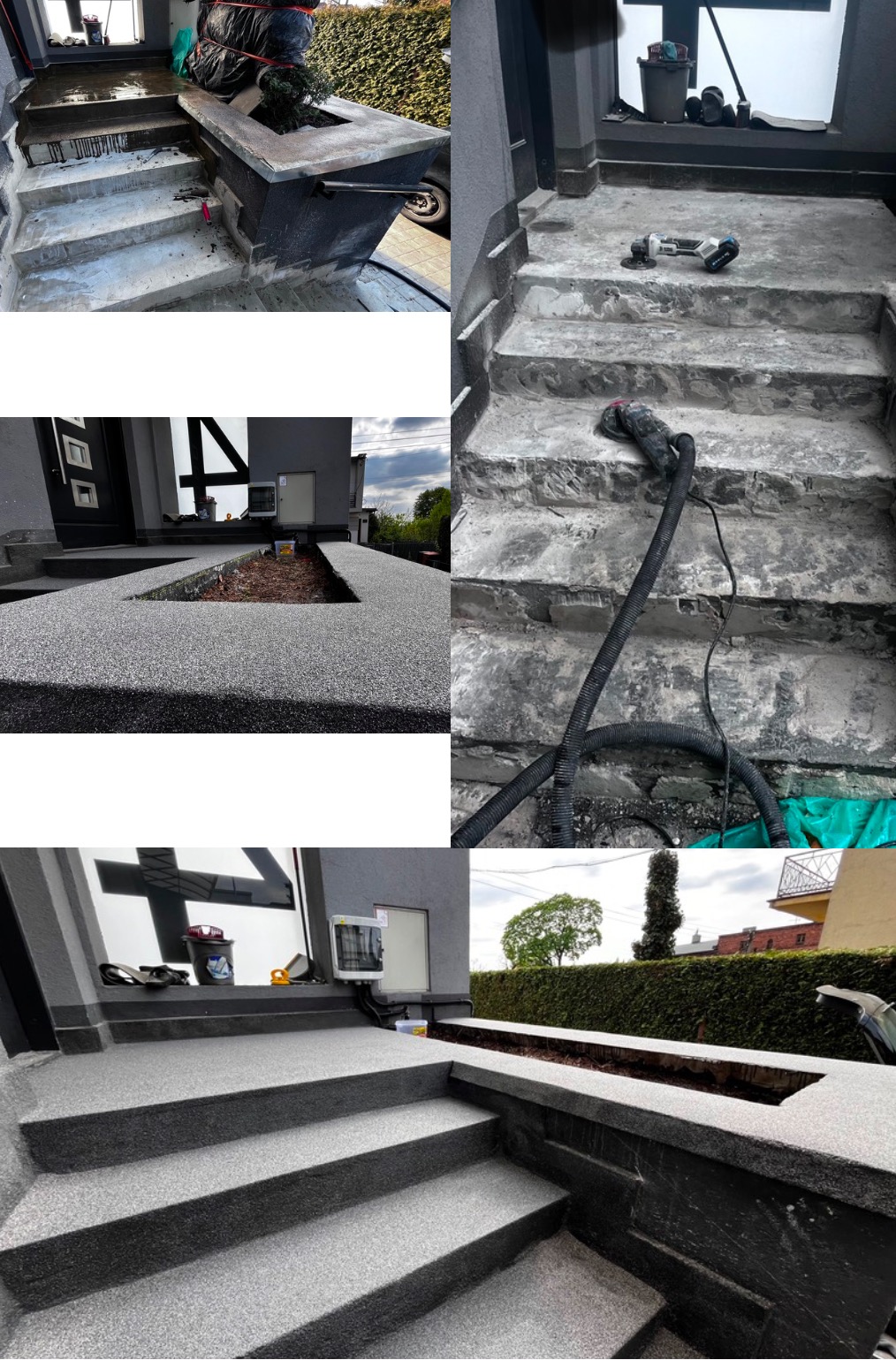 Etapy prac na schodach zewnętrznych: przygotowanie podłoża, szlifowanie, aplikacja posadzki żywicznej z drobnym kruszywem, finalny wygląd z wykończonymi krawędziami i donicą.