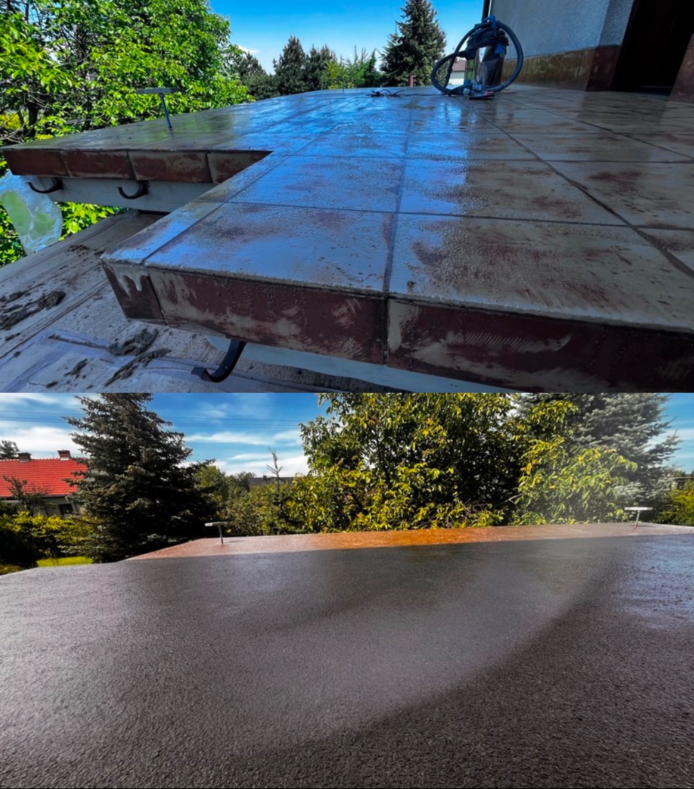 Dwa ujęcia: Górne przedstawia czyszczoną, mokrą, płytkową powierzchnię tarasu z widocznymi drzewami w tle i narzędziem do czyszczenia. Dolne pokazuje gładką, ciemną powierzchnię z widokiem...