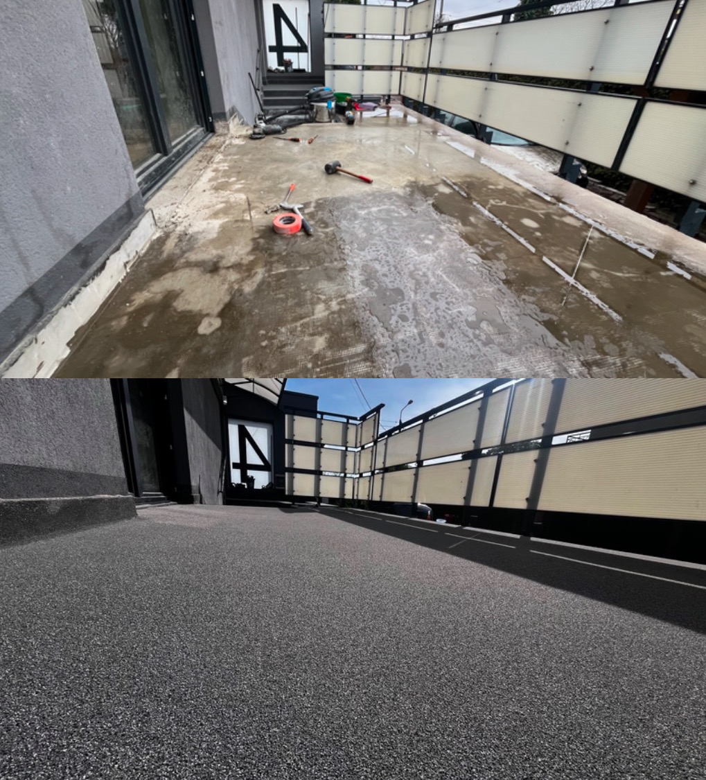 Porównanie stanu tarasu przed i po wykonaniu szarej, drobnoziarnistej nawierzchni. Na górnym zdjęciu widoczne narzędzia i materiały budowlane, na dolnym gładka, jednolita powierzchnia.