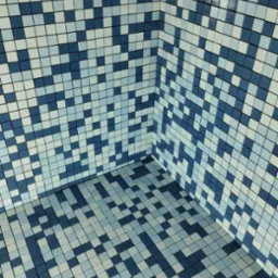 Narożnik wyłożony mozaiką z kwadratowych płytek w odcieniach błękitu i bieli, widoczne fugi, minimalistyczny wzór.