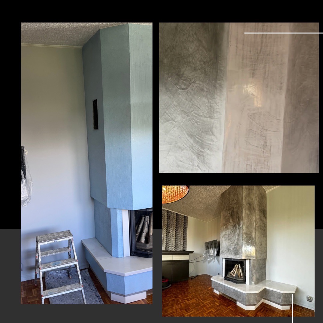 Wykończony kominek w salonie, z efektem dekoracyjnej gładzi na kominie. Widoczna drabina malarska i zabezpieczona ściana. Parkiet na podłodze.