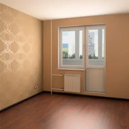 Pusty pokój po remoncie: brązowe panele podłogowe, beżowe ściany z delikatnym wzorem, białe okno balkonowe z widokiem na miasto.