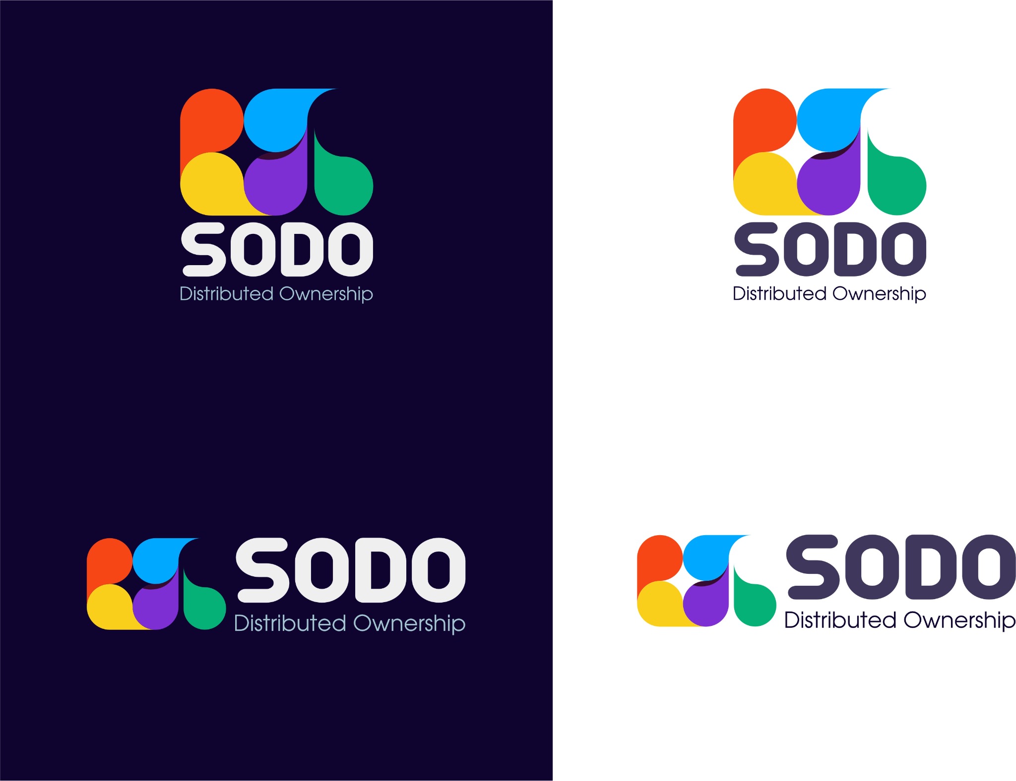 Wielowariantowe ujęcie logo 'SODO Distributed Ownership' z abstrakcyjnym symbolem złożonym z kolorowych, zaokrąglonych kształtów na białym i ciemnoniebieskim tle.