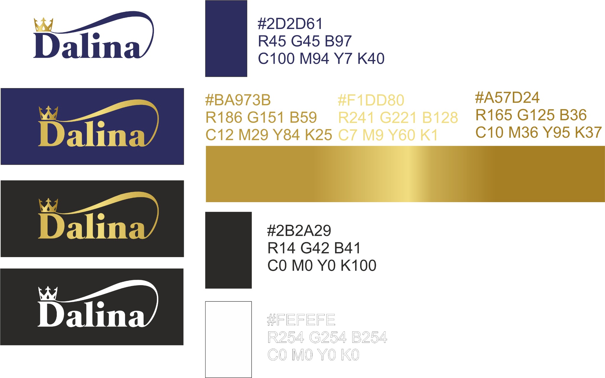 Zestawienie wariantów kolorystycznych logo 'Dalina' z koroną, wraz z kodami kolorów RGB i CMYK.