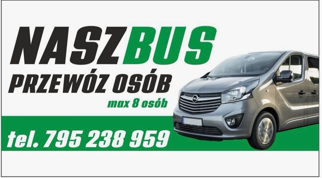 Szary bus Opel Vivaro z napisem 'NASZBUS Przewóz Osób max 8 osób' i numerem telefonu na białym tle. Reklama firmy transportowej.