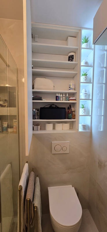 Biała szafa wnękowa w łazience, z otwartymi półkami i oświetleniem LED, nad toaletą. Widoczne akcesoria łazienkowe i dekoracje roślinne. Minimalistyczny design.