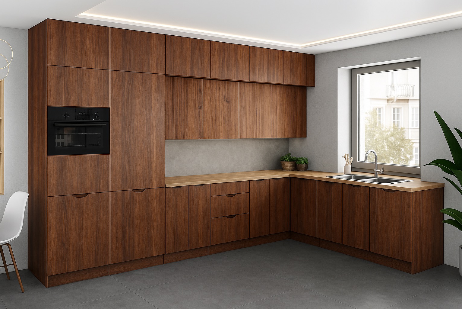 Kuchnia z forniru orzechowego, zabudowa pod sufit z piekarnikiem, drewniany blat, szare ściany, okno z widokiem na budynek, oświetlenie LED. Nowoczesny design.