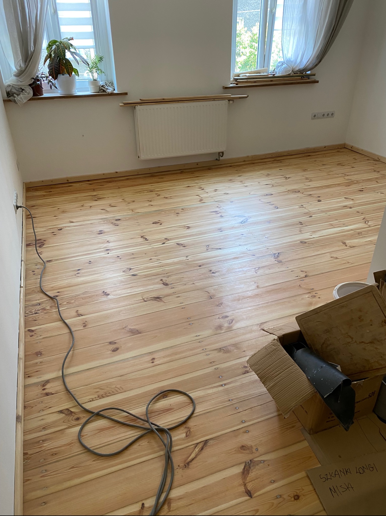 Jasna, drewniana podłoga po cyklinowaniu w pokoju z dwoma oknami. Widoczne ślady po pracy i kabel od maszyny do cyklinowania.