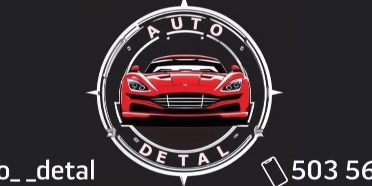 Grafika logo firmy Auto Detal z czerwonym sportowym autem w centrum, numer telefonu i nazwa firmy na czarnym tle.
