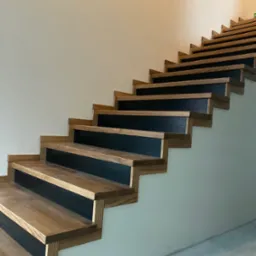 Nowoczesne schody z drewna dębowego z czarnymi podstopnicami, widok z dołu, oświetlone naturalnym światłem. Minimalistyczny design.