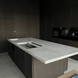 Nowoczesna kuchnia w trakcie wykańczania: ciemne, drewniane szafki z wbudowanymi urządzeniami AGD, jasny blat wyspy z przygotowanymi otworami na zlew i inne akcesoria, surowy beton na podłodze...