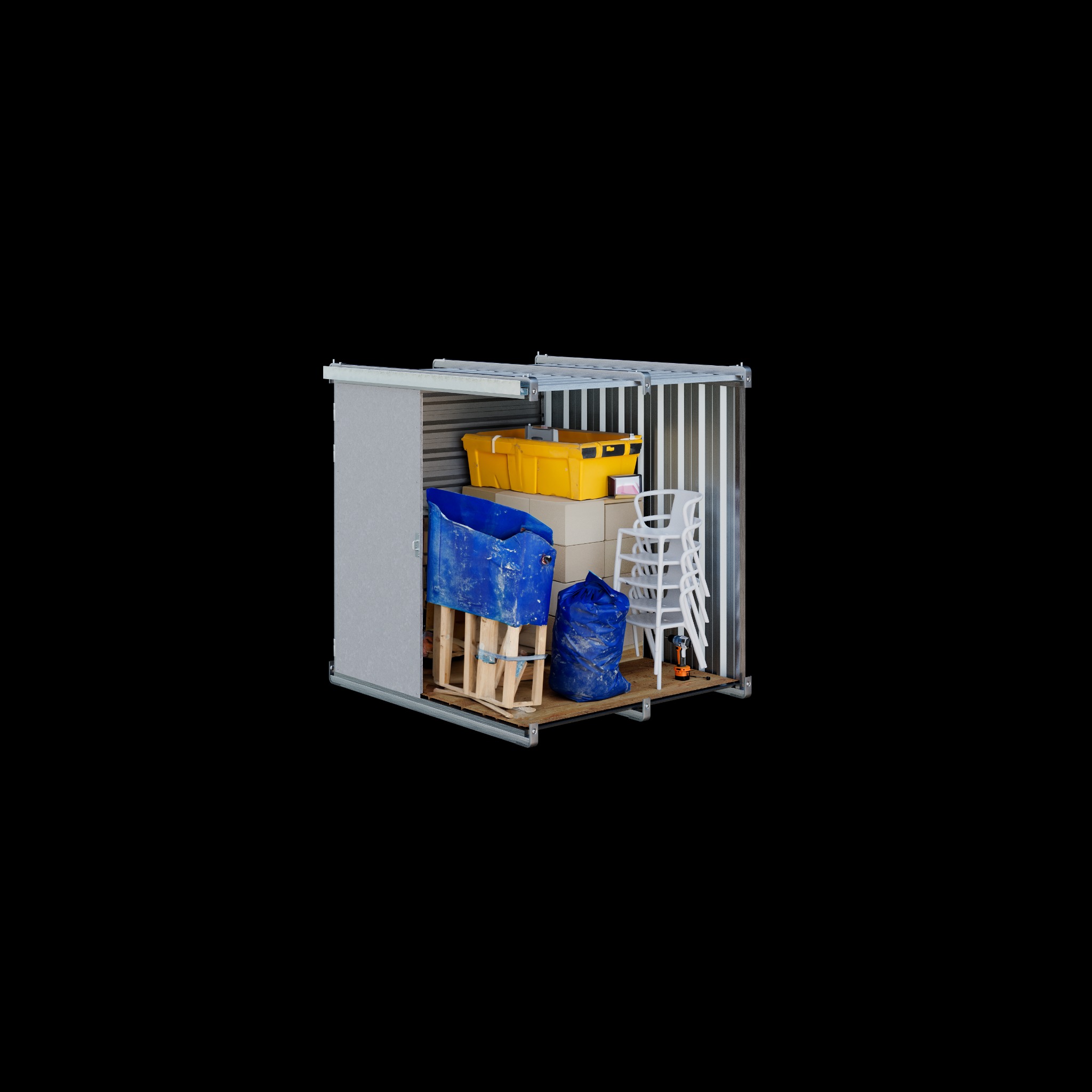 Otwarty metalowy schowek z przesuwanymi drzwiami, wypełniony różnymi przedmiotami: żółtym pojemnikiem, kartonami, stosem białych krzeseł, niebieskim workiem i wiadrem, drewnianą paletą i wiertarką.