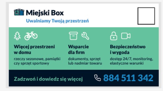 Ulotka reklamowa firmy Miejski Box z Olsztyna oferującej dodatkową przestrzeń do przechowywania rzeczy sezonowych, sprzętu sportowego i dokumentów, z podanym numerem telefonu.
