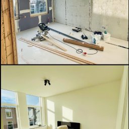 Budomax - Dwie fazy remontu pokoju: surowe ściany z gipsu i narzędzia do szpachlowania na górze, a na dole wykończone wnętrze z łóżkiem i parkietem.