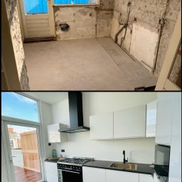 Budomax - Zdjęcie przedstawia metamorfozę kuchni: od surowego stanu z odsłoniętą cegłą i instalacjami, do nowoczesnej, białej kuchni z czarnymi akcentami, widokiem na drewniany taras i błękitne niebo.