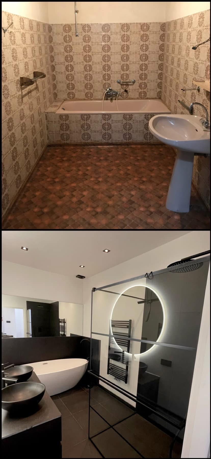 Zdjęcie zestawia starą i nową łazienkę: u góry łazienka z brązowymi płytkami, różową wanną i białą umywalką na postumencie, a na dole nowoczesna łazienka z czarnymi elementami, owalną białą wanną...