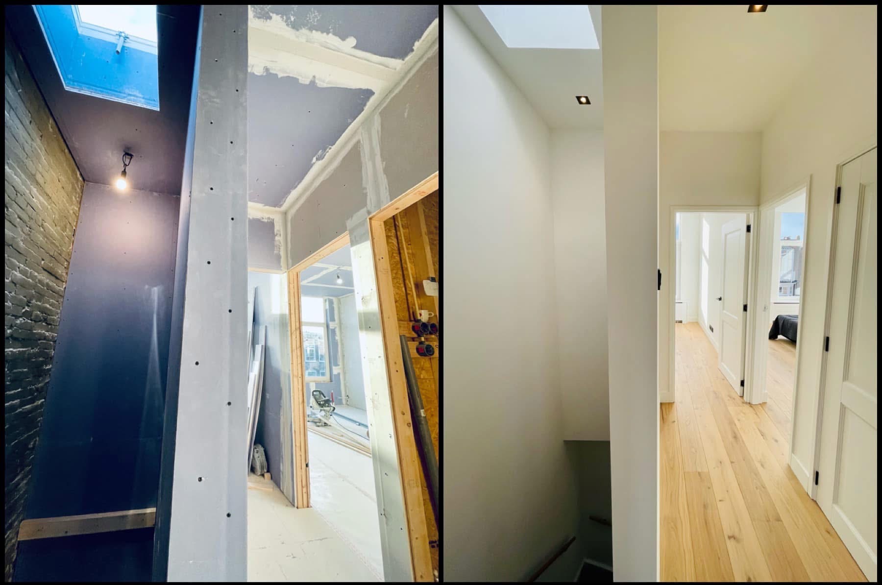 Klatka schodowa w trakcie remontu: widok od surowej cegły i prowizorycznego oświetlenia, przez stan z płytami gipsowo-kartonowymi i szpachlowaniem, aż po wykończone, pomalowane wnętrze z drewnianą...