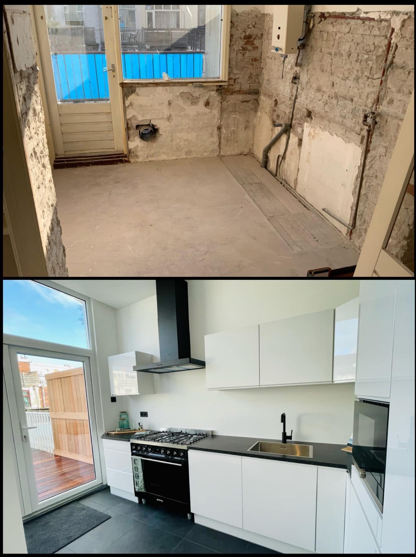 Zdjęcie przedstawia metamorfozę kuchni: od surowego stanu z odsłoniętą cegłą i instalacjami, do nowoczesnej, białej kuchni z czarnymi akcentami, widokiem na drewniany taras i błękitne niebo.