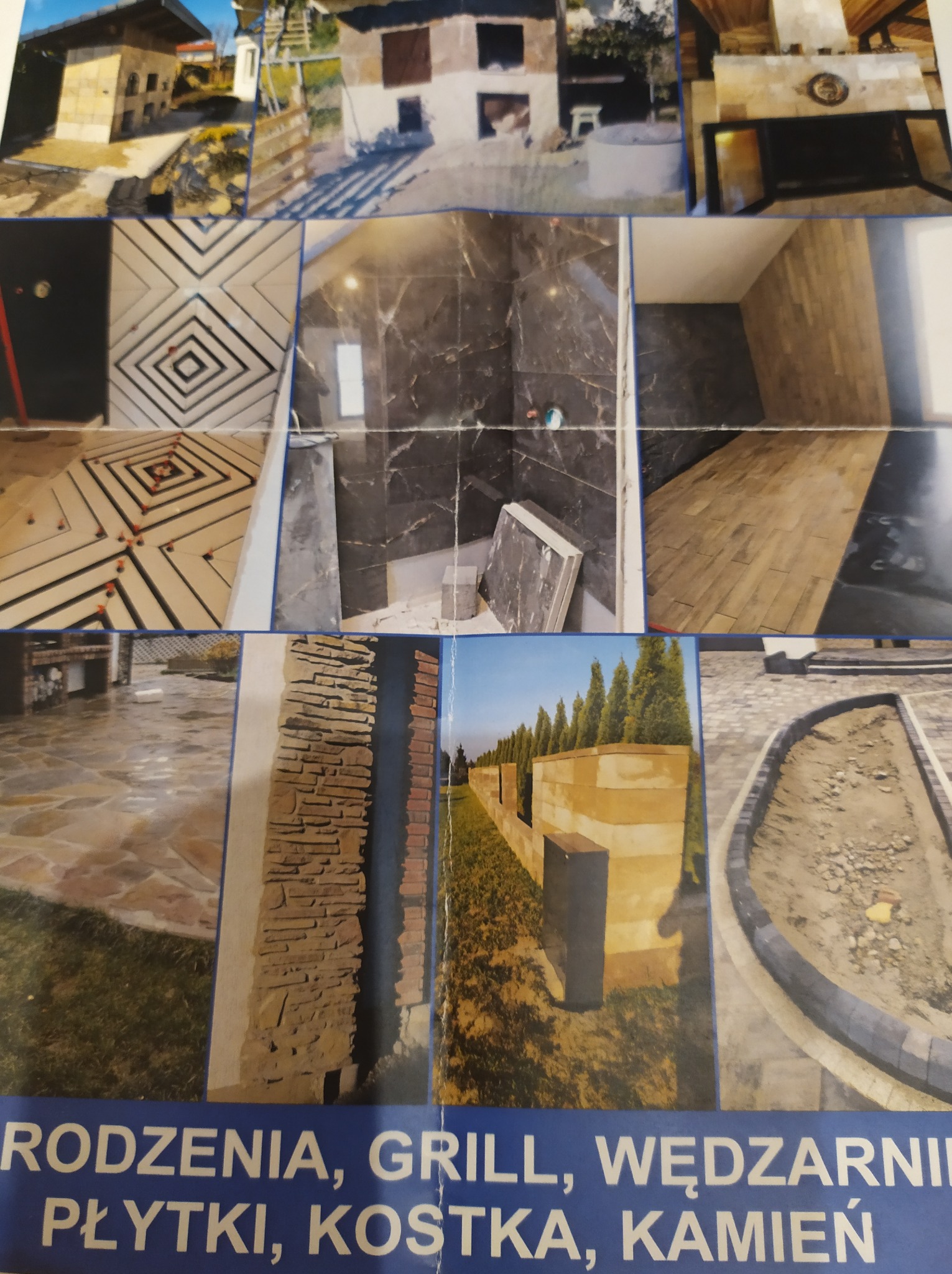 Zestawienie zdjęć różnych realizacji: elewacje z kamienia, wykończenia łazienek z płytek, podłogi z płytek z wzorem, kostka brukowa.