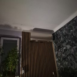 ELEKTROINSTALATORSTWO WOJCIECH JEDRZEJAK - Nowoczesny klimatyzator ścienny w jasnym wnętrzu, z dekoracyjną ścianką z drewnianych listew i wzorzystą tapetą. Widoczny pilot i roślina doniczkowa.