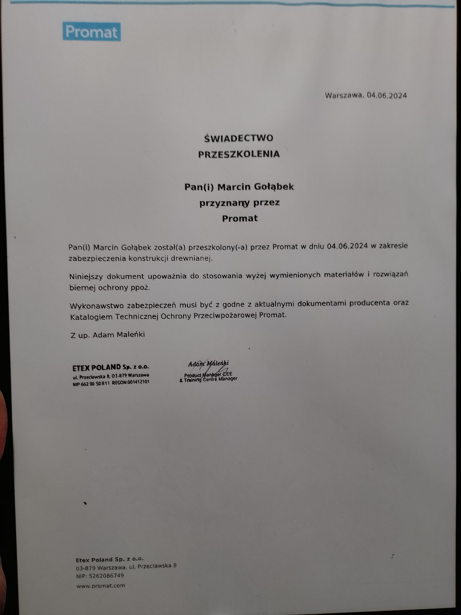 Świadectwo przeszkolenia firmy Promat dla Marcina Gołąbka z zakresu zabezpieczenia konstrukcji drewnianej. Dokument z datą 04.06.2024, podpisany przez Adama Maleńkiego.