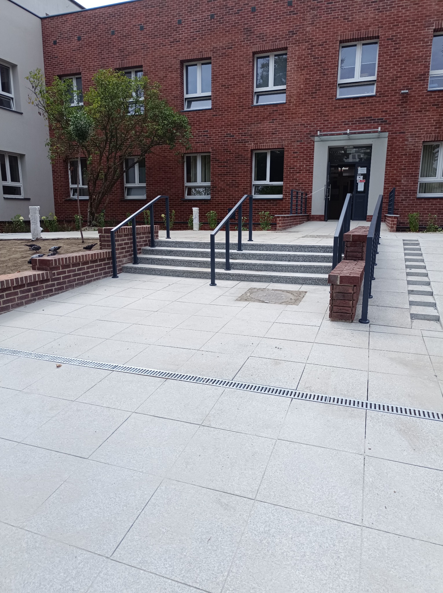 Wejście do budynku z czerwonej cegły z rampą i schodami wyłożonymi szarą kostką, otoczone jasnoszarą kostką brukową i niskim murem z cegły, widoczne gołębie.