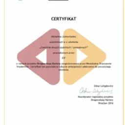 Skan certyfikatu ukończenia szkolenia 'Coaching decyzji osobistych i zawodowych' wydanego przez Uniwersytet Wrocławski i Uniwersytet Ekonomiczny we Wrocławiu, sygnowany przez koordynatora projektu...