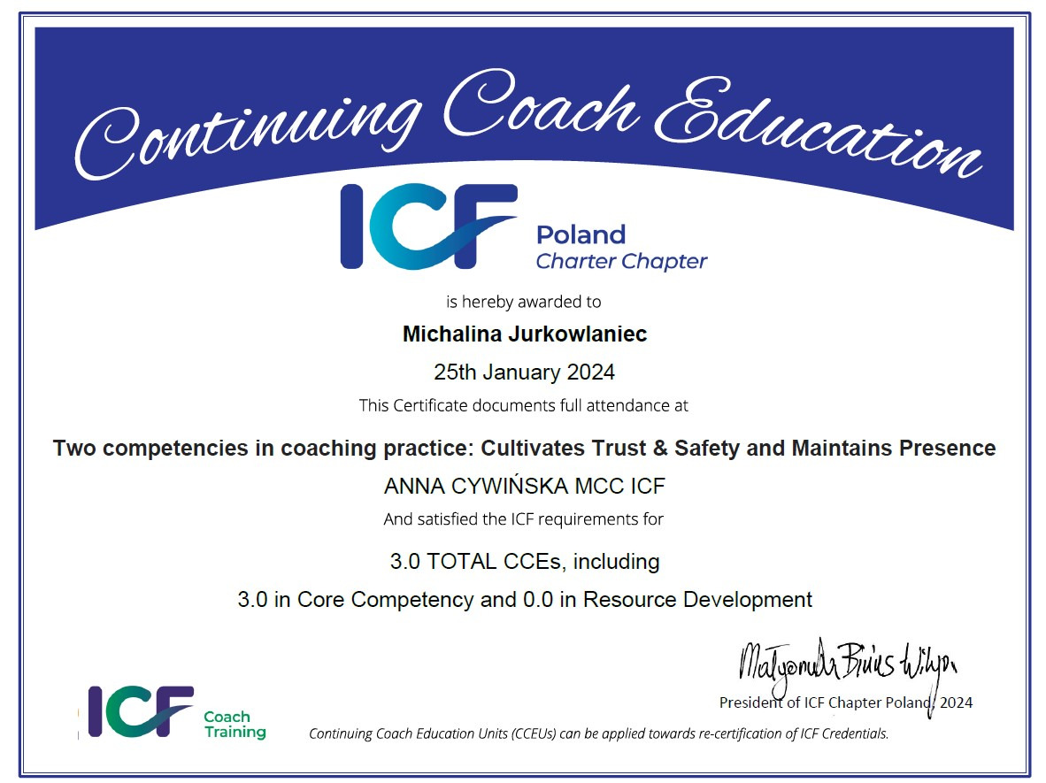 Certyfikat Continuing Coach Education przyznany Michalinie Jurkowlaniec przez ICF Poland Charter Chapter, potwierdzający udział w szkoleniu. Dokument wymienia kompetencje w praktyce coachingowej...