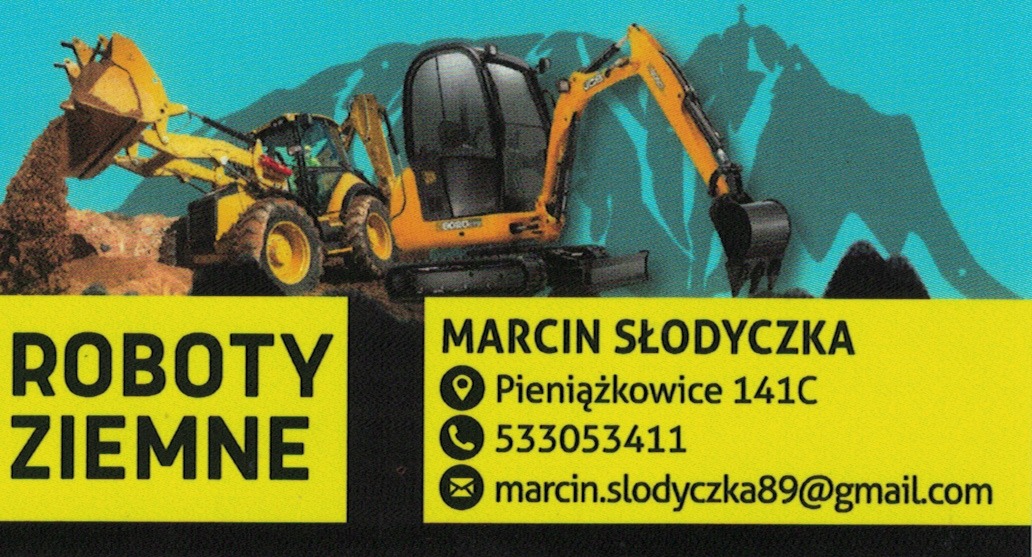 Wizytówka firmy budowlanej: dwie żółte koparki w akcji na tle gór, napis 'ROBOTY ZIEMNE', dane kontaktowe Marcin Słodyczka.