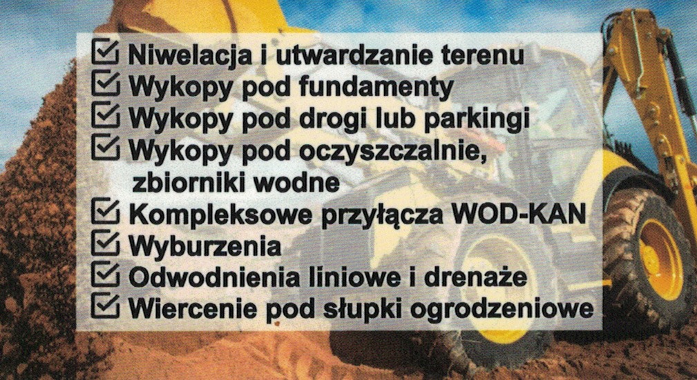 Żółta koparko-ładowarka częściowo widoczna za listą usług budowlanych, obok sterta ziemi.