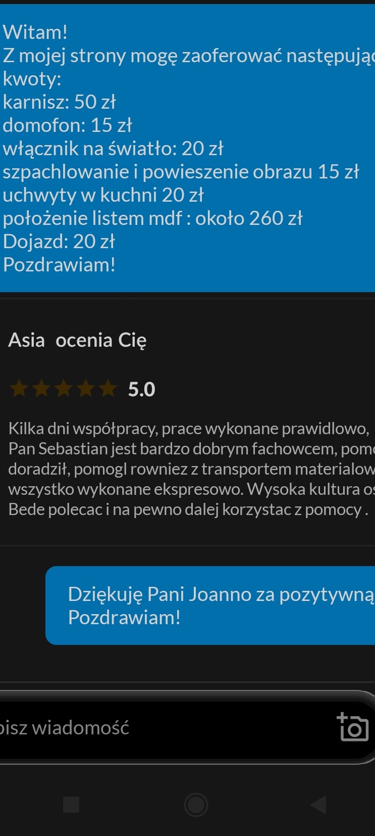 Zrzut ekranu wiadomości z wyceną usług remontowych, zawierający szczegółowy cennik za montaż karnisza, domofonu, włącznika światła, szpachlowanie, wieszanie obrazu, montaż uchwytów kuchennych...