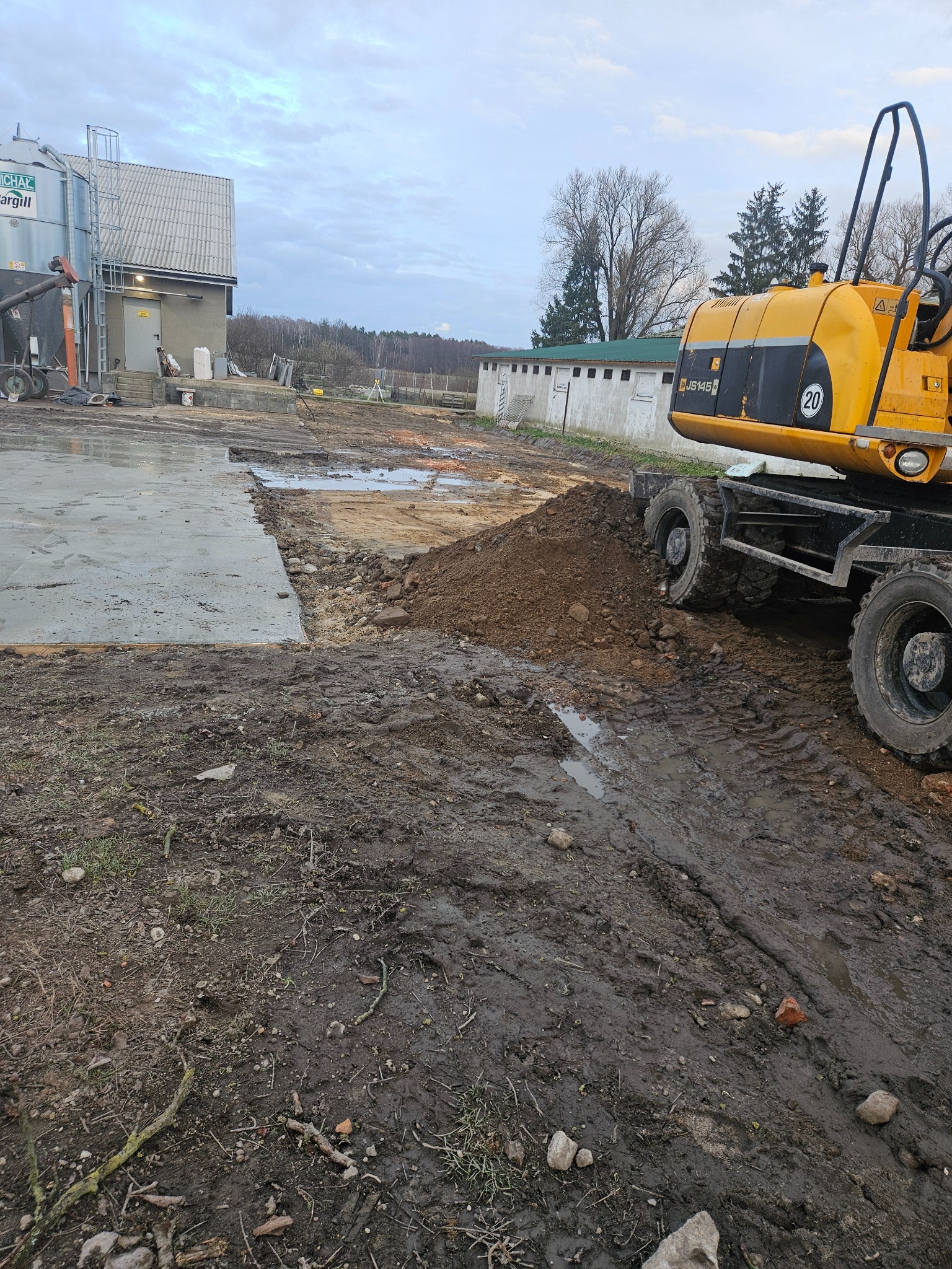 Żółta koparka kołowa JCB JS145W obok wylanego betonowego fundamentu na terenie budowy, błotnista ziemia z widocznymi śladami opon, w tle budynek gospodarczy i silos zbożowy.