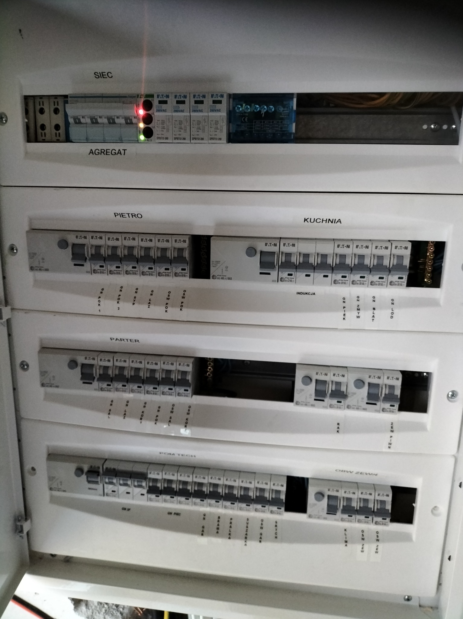Rozdzielnica elektryczna z opisami obwodów (piętro, parter, kuchnia, sieć, agregat) i zabezpieczeniami Eaton. Widoczne bezpieczniki i oznaczenia.