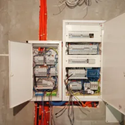 Rozdzielnia elektryczna z otwartymi drzwiczkami, widoczne kable i zabezpieczenia. Pomarańczowe rury instalacyjne w ścianie. Szare tło ściany w surowym stanie.