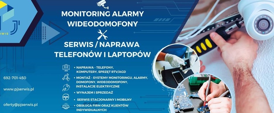 Grafika reklamowa firmy serwisującej i montującej systemy zabezpieczeń, z zbliżeniem na montaż kamery monitoringu oraz naprawę elektroniki.
