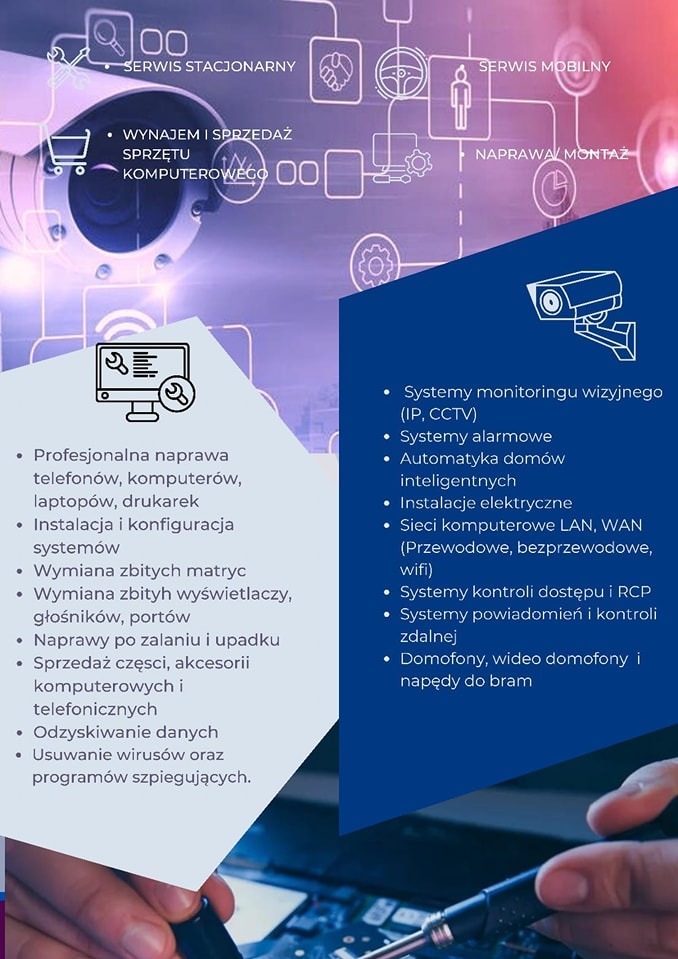 Grafika reklamowa firmy z Koziegłów, prezentująca ofertę usług: monitoring wizyjny, alarmy, automatyka domowa, instalacje elektryczne, sieci komputerowe, kontrola dostępu, domofony oraz naprawa...