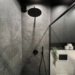 PERFECTBUD GROUP SPÓŁKA Z OGRANICZONĄ ODPOWIEDZIALNOŚCIĄ - Nowoczesna kabina prysznicowa z deszczownicą w odcieniach szarości i czerni, wykończona płytkami imitującymi kamień. Minimalistyczny design z akcentem roślinnym.
