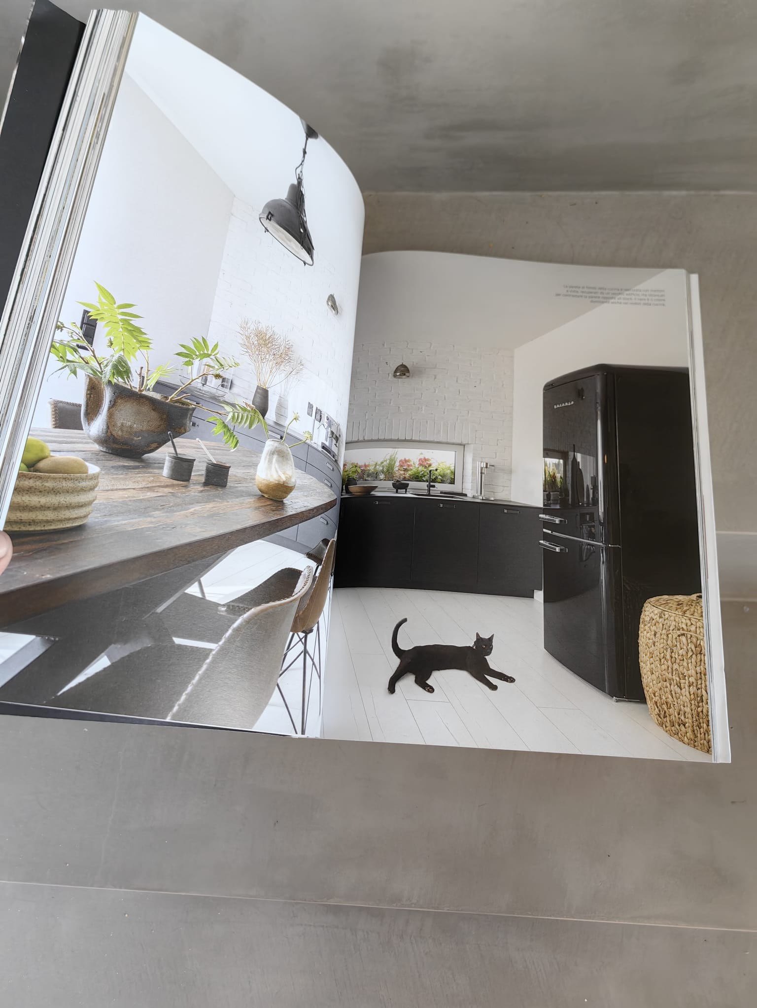 Zdjęcie otwartej książki prezentującej nowoczesną kuchnię z czarnymi meblami, białymi ścianami z cegły i czarnym kotem leżącym na podłodze.