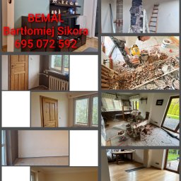 Bemal Bartłomiej Sikora - Kolaż zdjęć z remontu: demontaż ściany, prace na poddaszu, odnowione wnętrza z drewnianymi drzwiami i parkietem. Widoczne narzędzia i etapy prac.