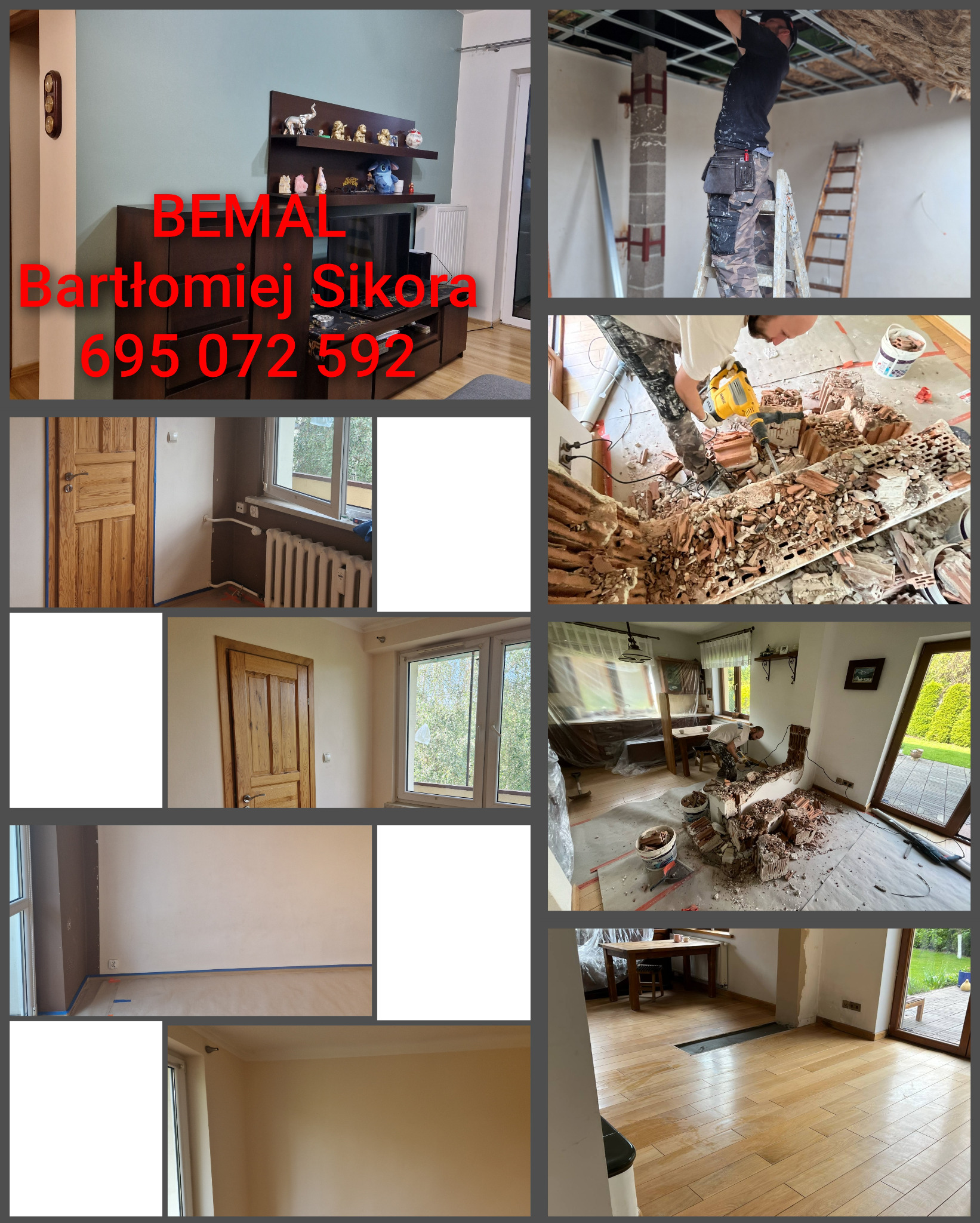 Kolaż zdjęć z remontu: demontaż ściany, prace na poddaszu, odnowione wnętrza z drewnianymi drzwiami i parkietem. Widoczne narzędzia i etapy prac.