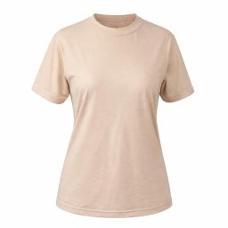 PRACOWNIA Jan Kopania - Beżowa koszulka damska z krótkim rękawem, wyeksponowana na białym tle. Klasyczny krój, gładka tkanina, idealna do nadruków lub haftu. Widok z przodu.