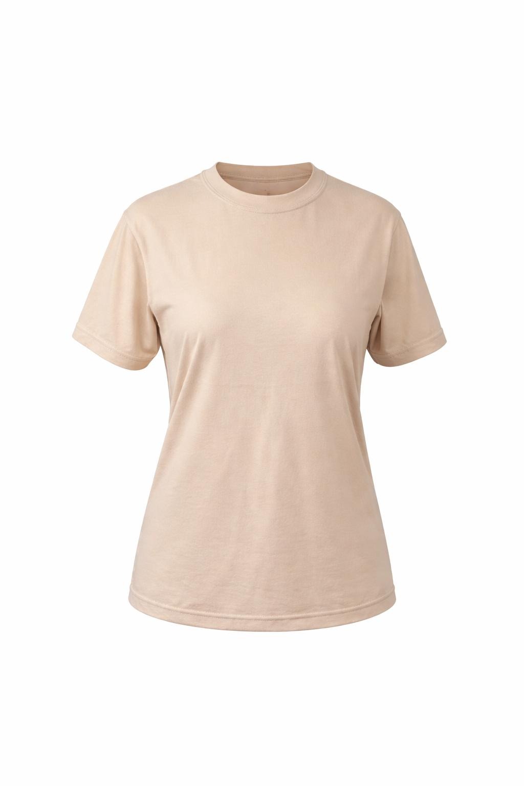 Beżowa koszulka damska z krótkim rękawem, wyeksponowana na białym tle. Klasyczny krój, gładka tkanina, idealna do nadruków lub haftu. Widok z przodu.